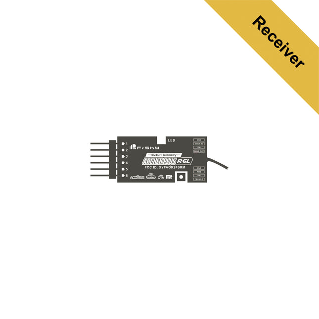 A black electronic receiver module with multiple pins on the left and a wire on the right, shown on a white background with a yellow diagonal banner reading 'Receiver'.