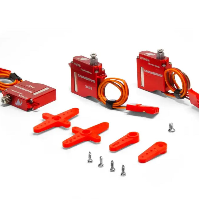 Red and orange electronic components on a white background