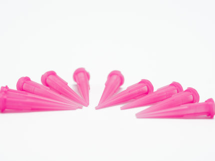 Pink ear trumpet devices arranged in a circular pattern on a white background