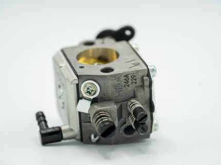 Metal carburetor on a white background