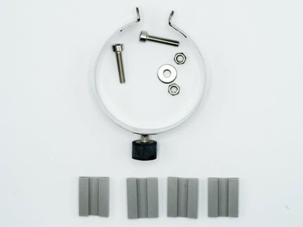 Metal ring with screws and a black rubber component on a white background, featuring 'Silencer MTV Systems' logo.