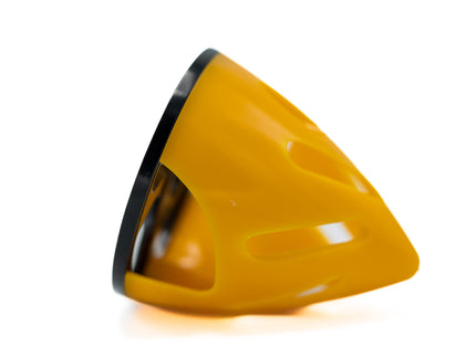 Triangular yellow object with black base on a white background