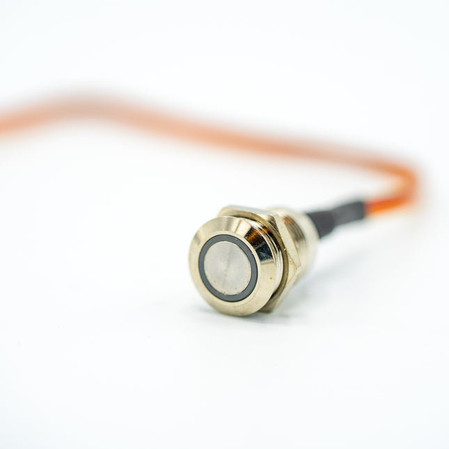 Close-up of a gold-colored sensor with a black cable on a white background