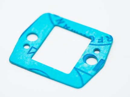Blue plastic component with a logo on a white background