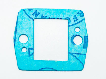 Blue square plastic component with circular holes on a white background