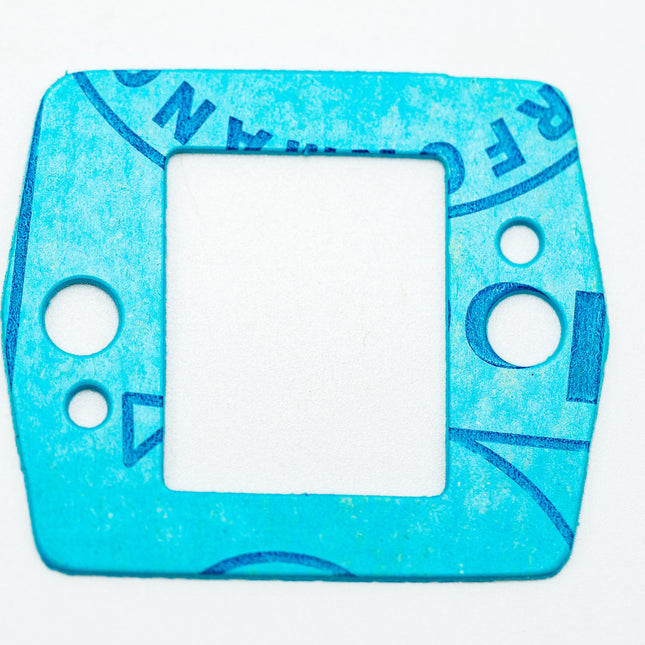 Blue square plastic component with circular holes on a white background
