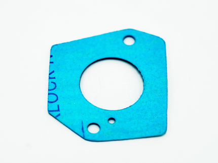 Blue gasket with circular cutout and two holes on a white background