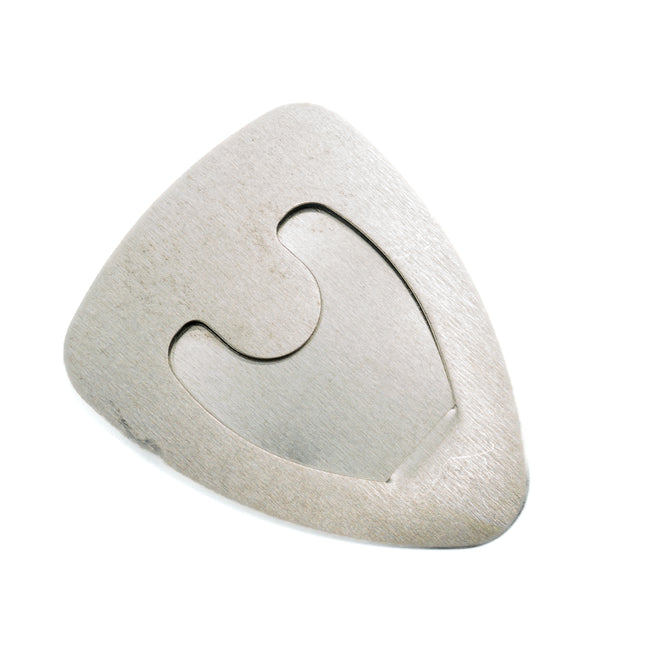 Triangular metal puzzle piece on a white background