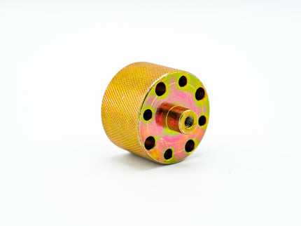 Yellow metal wheel with black accents on a white background