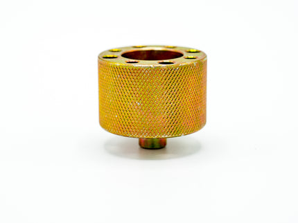 Gold metal mesh cylindrical object on a white background