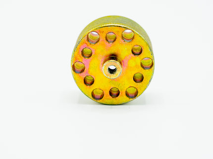Yellow metal wheel with multiple holes on a white background