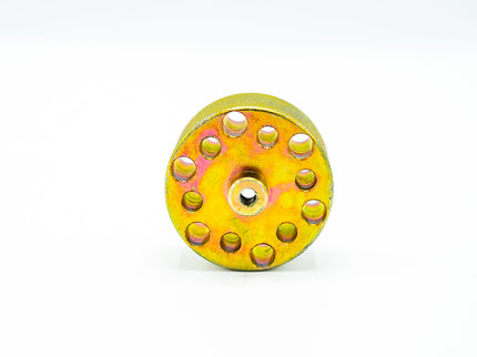 Yellow metal wheel or gear on a white background
