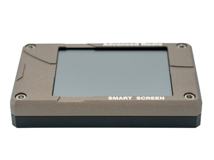 Smart screen device with metallic casing on a white background