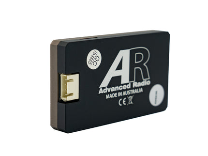 Black electronic module with 'Advanced Radio' branding on a white background