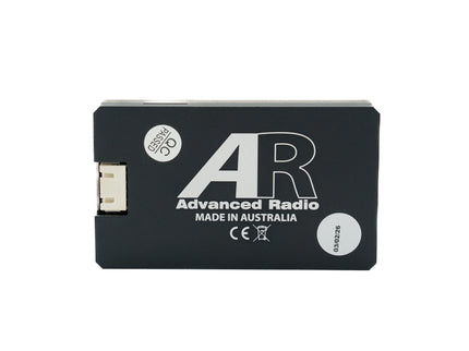 Black rectangular battery with 'Advanced Radio' branding on a white background