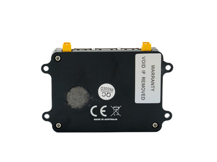 Black electronic module with certification logos on a white background