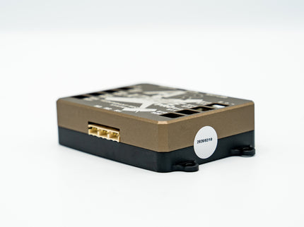 Rectangular electronic device with a brand logo on a white background