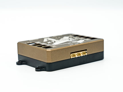 Rectangular electronic device with gold and black color scheme on a white background