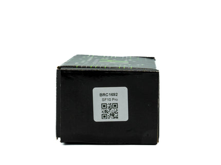 Black electronic module with a label on a white background