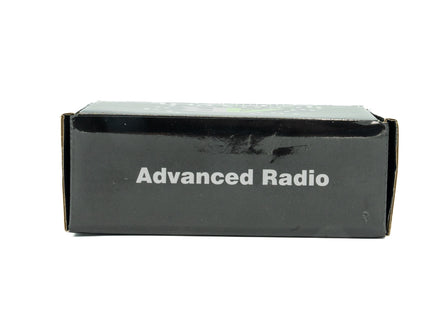 Black box with 'Advanced Radio' text on a white background