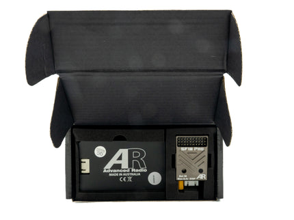 Black electronic device with 'AR' branding on a white background