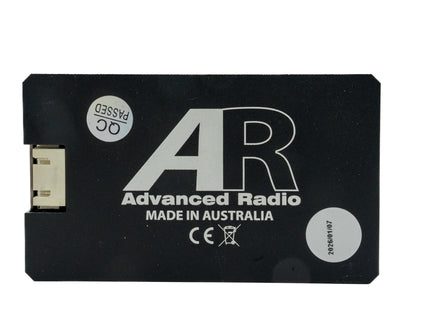 Black electronic device with 'Advanced Radio' branding on a white background