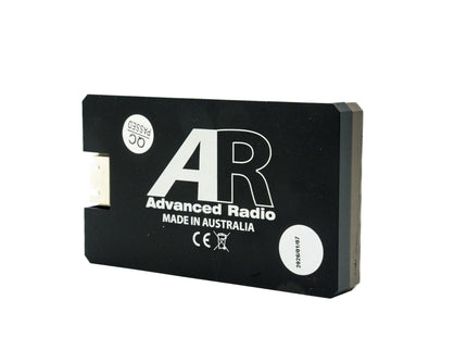 Black Advanced Radio battery with branding on a white background
