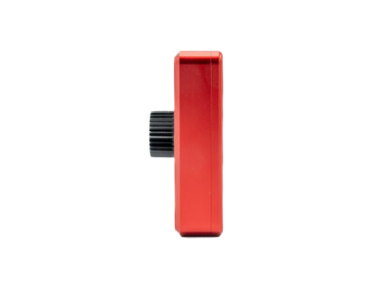 Red rectangular object with a black cylindrical component on a white background