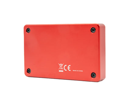 Red rectangular box with certification logos on a white background