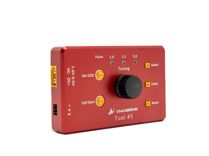 Red electronic device with buttons and a dial on a white background