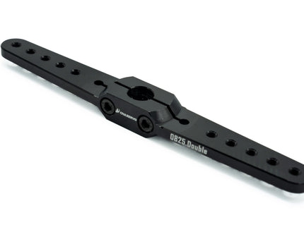 Black metal servo arm with '0825 Double' marking on a white background