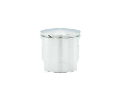 Silver cylindrical container with lid on a white background