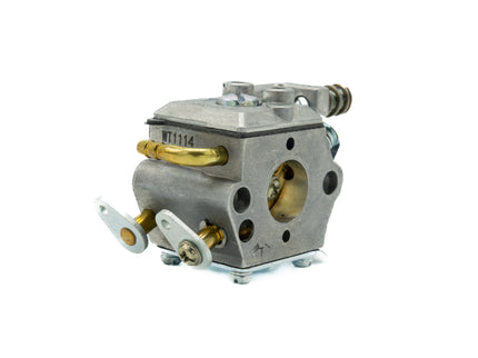 Metallic engine carburetor on a white background