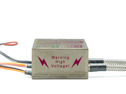 Electronic component with wiring and 'High Voltage!' warning label on a white background
