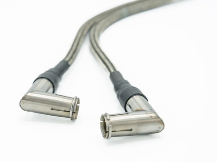 Two metal connectors with cables on a white background