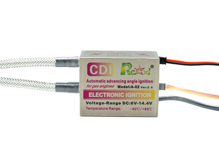 CDI electronic ignition module with wires on a white background