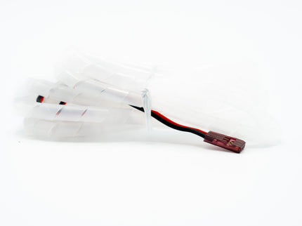 White battery pack with red and black cables on a white background