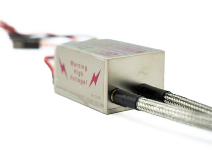 Electronic component with warning label on a white background