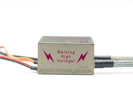 Electronic component with 'Warning High Voltage!' label on a white background