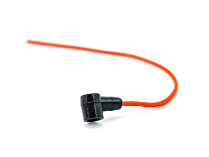 Red cable with black connector on a white background