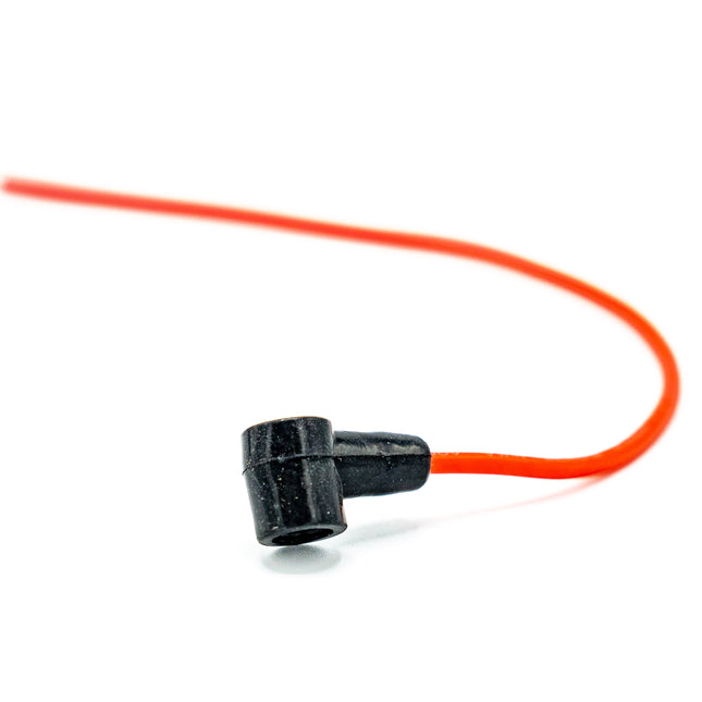 Red cable with black connector on a white background