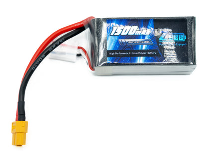Lithium polymer battery with red and black connectors on a white background