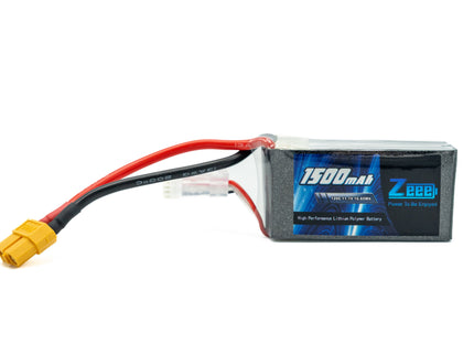 Lithium-ion battery pack with red and black connectors on a white background