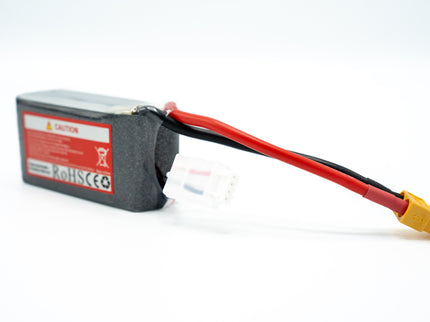 Battery pack with red connector on a white background