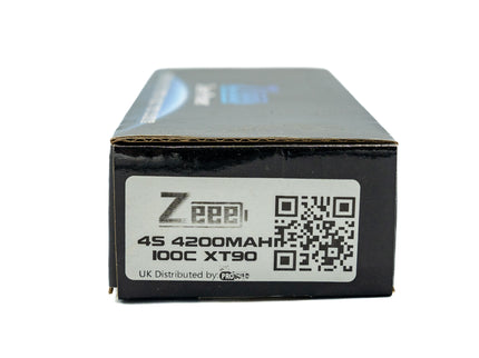 Black battery packaging with Zee label and specifications on a white background