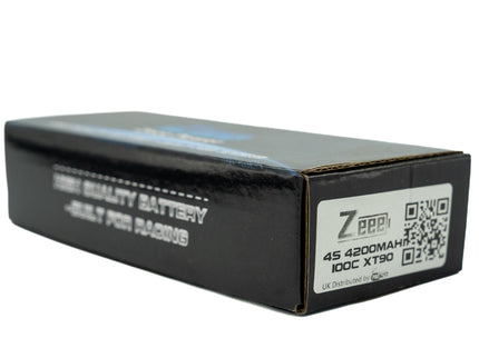 Black battery packaging with branding and specifications on a white background