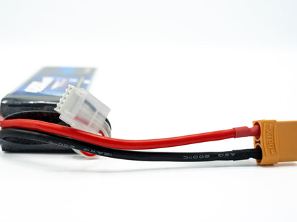 Battery connector with red and black wires on a white background