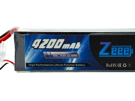 Zeee lithium polymer battery with 4200mAh capacity on a white background