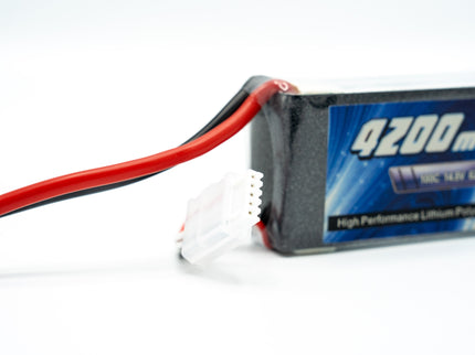 Lithium polymer battery with red and white connectors on a white background