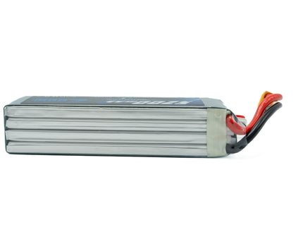 Lithium polymer battery pack with red and black connectors on a white background